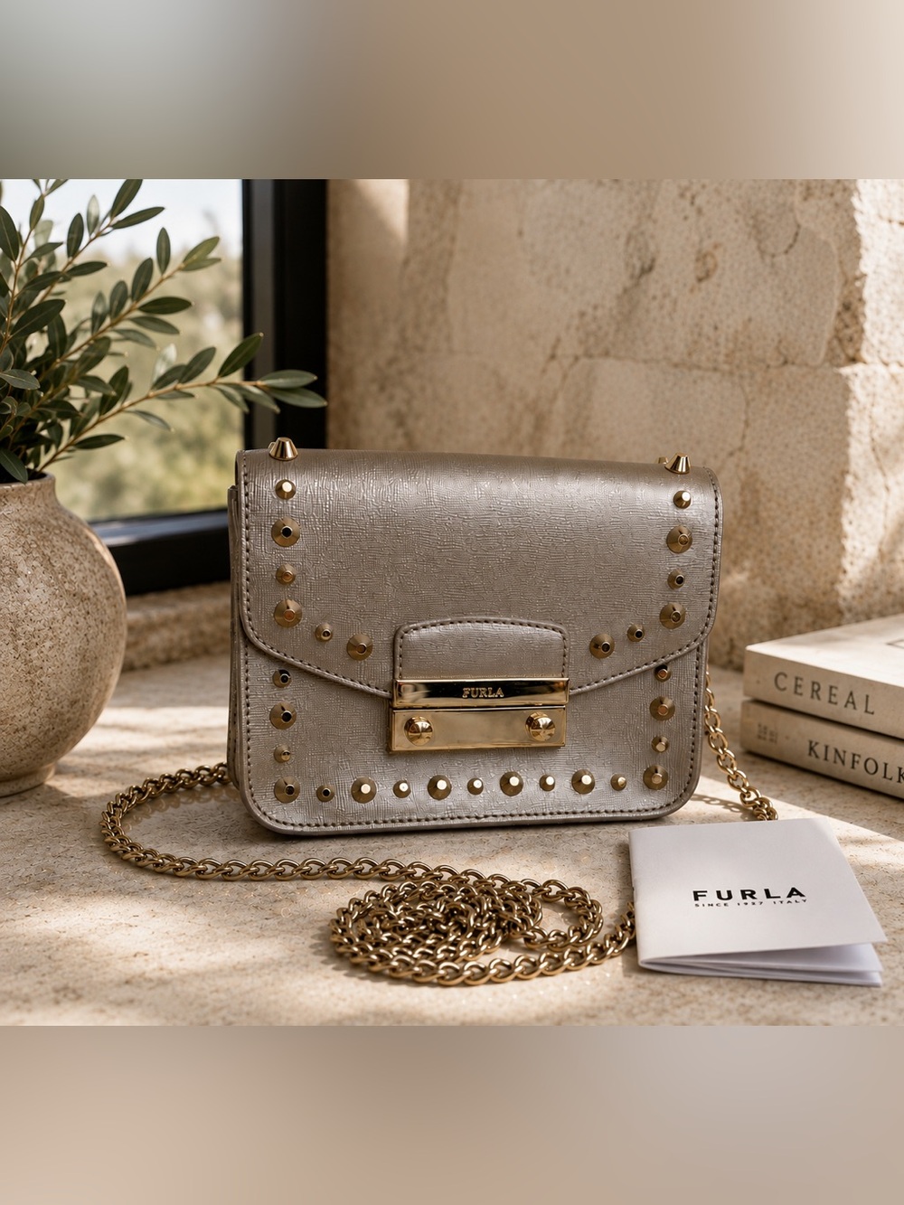 Furla Julia Metropolis Metallic Gold Studded Saffiano Chain Crossbody Bag Clutch